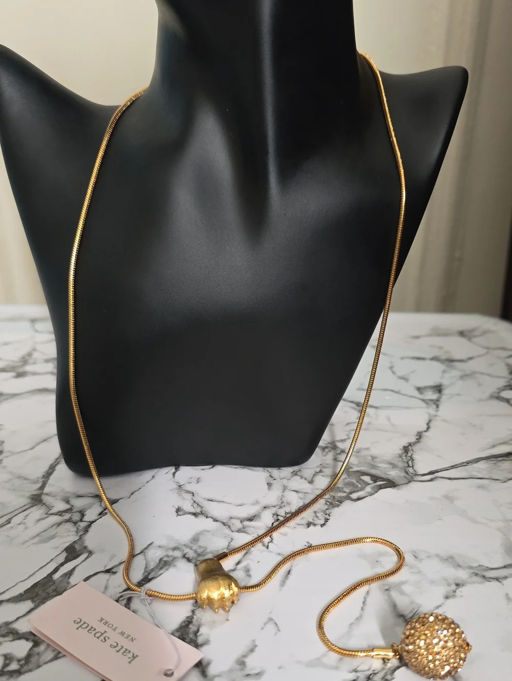 kate spade gold-tone long necklace with crystal pavé pendant